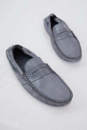 Tonny Black Erkek Gri Arkası Lastikli Rahat Kalıp Hakiki Deri Loafer