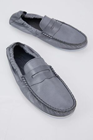 Tonny Black Erkek Gri Arkası Lastikli Rahat Kalıp Hakiki Deri Loafer