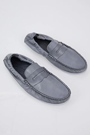 Tonny Black Erkek Gri Arkası Lastikli Rahat Kalıp Hakiki Deri Loafer