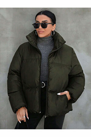 Kadın Haki Owersize Dolumlu Şişme Su Geçirmez Mont Tbg069