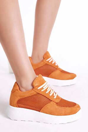 Tonny Black Kadın Turuncu Rahat Kalıp Yüksek Taban Nefes Alabilen Kumaş Bağcıklı Sneaker