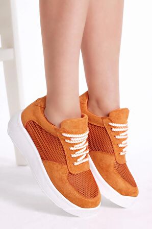Tonny Black Kadın Turuncu Rahat Kalıp Yüksek Taban Nefes Alabilen Kumaş Bağcıklı Sneaker