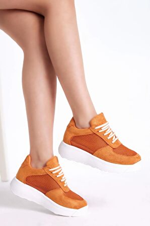 Tonny Black Kadın Turuncu Rahat Kalıp Yüksek Taban Nefes Alabilen Kumaş Bağcıklı Sneaker