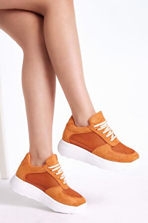 Tonny Black Kadın Turuncu Rahat Kalıp Yüksek Taban Nefes Alabilen Kumaş Bağcıklı Sneaker