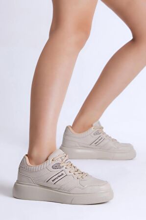 Tonny Black Kadın Bej Beyaz Siyah Poli Taban Yanı Şeritli Bağcıklı Sneaker
