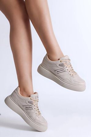 Tonny Black Kadın Bej Beyaz Siyah Poli Taban Yanı Şeritli Bağcıklı Sneaker