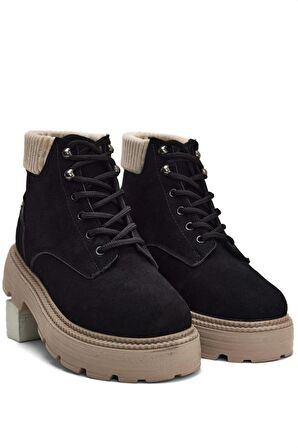 Tonny Black Kadın Siyah Süet Rahat Kalıp Kısa Bağcıklı Süet  Bot