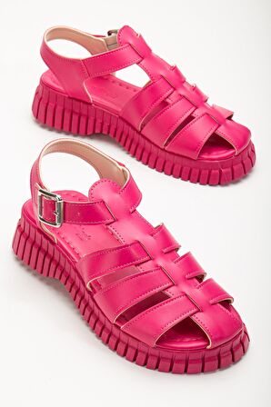 Bilekn Bağlamalı Üç Bantlı Poli Yüksek Taban Kadın Fuşya Sandalet TBACR851