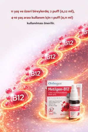 Metilgen-B12 Dilaltı Sprey 10 ml | 1000 mcg Metilkobalamin İçeren Takviye Edici Gıda