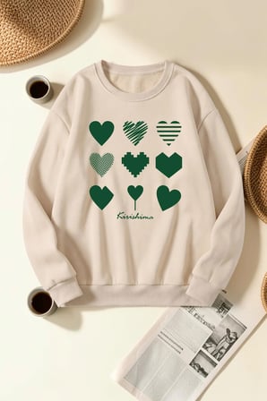 Unisex Kırıshıma Kalp Baskılı Bisiklet Yaka Sweatshirt