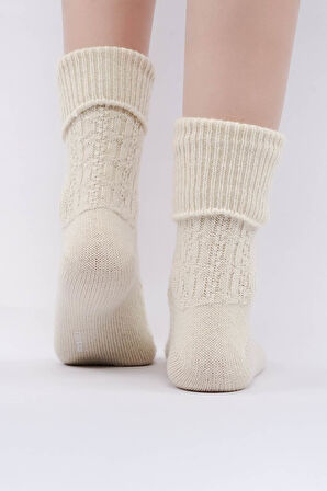 Mısırlı Kadın Koyun Yünü Tekli Ekru Kıvrık Soket Çorap M 75005 E
