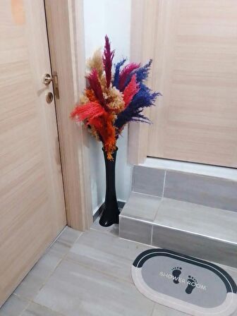 Pampas Çiçeği Karışık Renkli 12 Adet Kuru Çiçek Pampas Otu & Parlak Siyah 60 cm Pampas Vazosu 