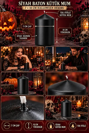 Halloween Siyah Baton Kütük Mum 7x10 cm Cadılar Bayramı Dekoratif Silindir Mum Parti Masa Süsü