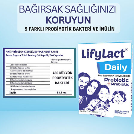 LifyLact ® Daily Probiyotik, Prebiyotik, 30 Kapsül , Günlük Probioyotik