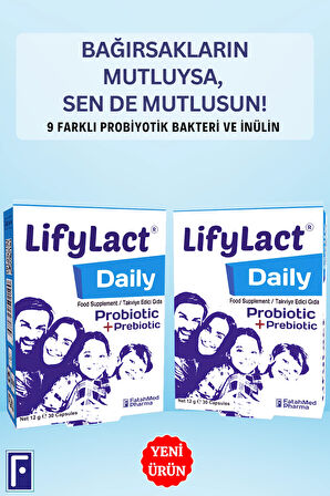 LifyLact ® Daily Probiyotik, Prebiyotik, 30 Kapsül , Günlük Probioyotik 2'Lİ Avantaj Paketi 