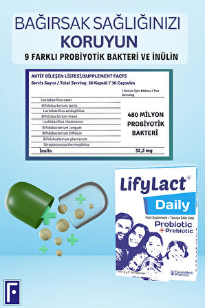 LifyLact ® Daily Probiyotik, Prebiyotik, 30 Kapsül , Günlük Probioyotik 2'Lİ Avantaj Paketi 