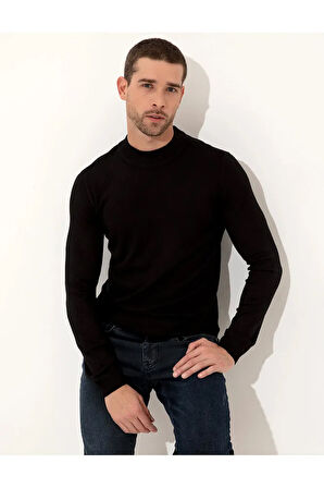 Siyah Slim Fit Bisiklet Yaka Triko Kazak