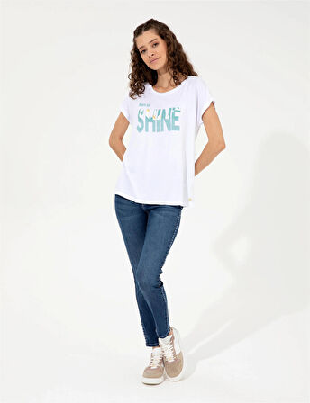 Beyaz Kadın T-shirt Bisiklet Yaka