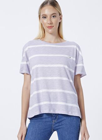 Bisiklet Yaka Çizgili Pembe Kadın T-shirt Godle