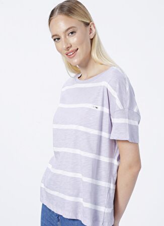 Bisiklet Yaka Çizgili Pembe Kadın T-shirt Godle