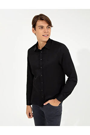 Siyah Slim Fit Armürlü Klasik Gömlek 50260290-VR046
