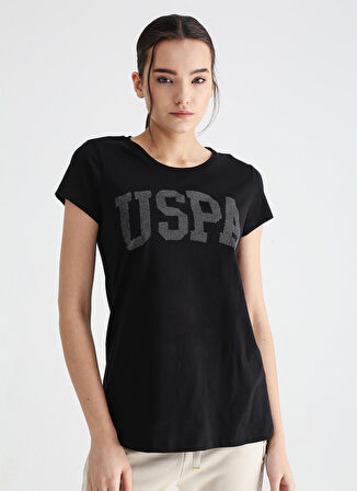 U.S. Polo Assn. Bisiklet Yaka Baskılı Siyah Kadın T-Shirt GEAN23