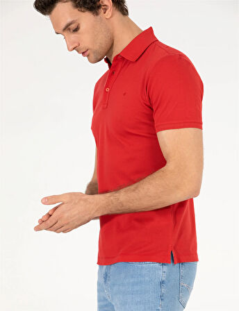 Erkek Polo Yaka Slim Fit Basic T-Shirt-Kırmızı | M