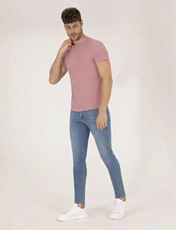 Erkek Slim Fit Dokulu Bisiklet Yaka Tişört-Gül Kurusu | S