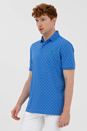 Polo Yaka Desenli Regular Fit T-shirt-Saks Mavi | S