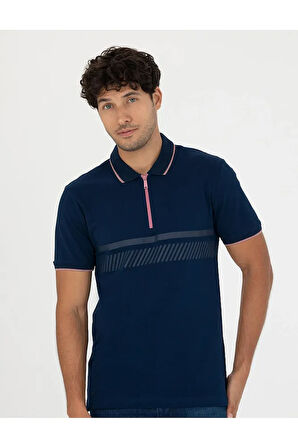 Lacivert Slim Fit Erkek Polo Yaka Tshirt Yarı Fermuarlı