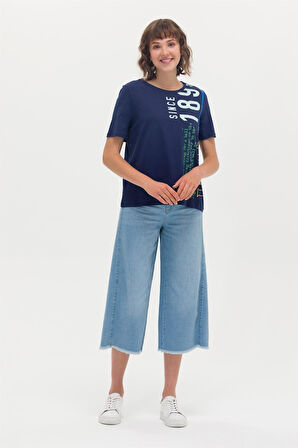 Kadın Bisiklet Yaka T-Shirt - Lacivert | M