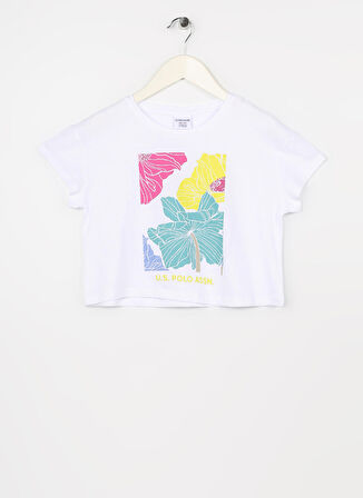 U.S. Polo Assn. Beyaz Kız Çocuk Bisiklet Yaka Kısa Kollu Crop Top Baskılı T-Shirt PARCA