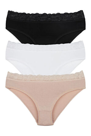 Kadın Bambu Kumaş Beli Dantelli Slip Külot 3'lü Paket Set Kts1095