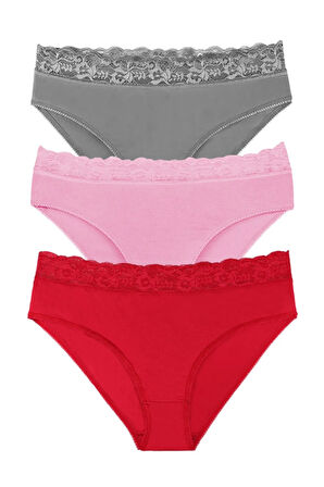 Kadın Bambu Kumaş Beli Dantelli Slip Külot 3'lü Paket Set Kts1093