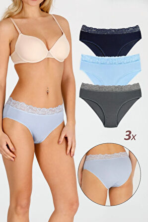 Kadın Bambu Kumaş Beli Dantelli Slip Külot 3'lü Paket Set Kts1094