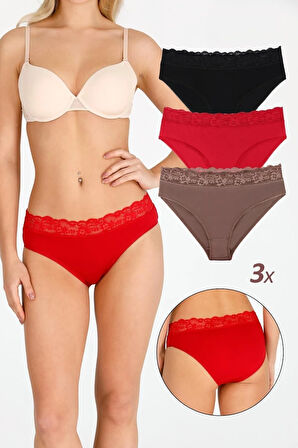 Kadın Özel Kumaş Bambu Beli Dantelli 3'lü Külot Set