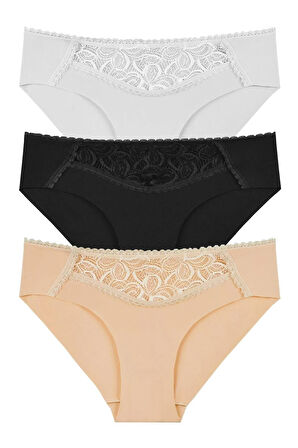 Kadın Lazer Kesim Dantel Detaylı Slip Külot 3'lü Paket Set - Kts3100