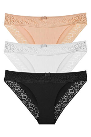 Kadın Lazer Kesim Dantelli Slip Külot 3'lü Paket Set - Kts3101