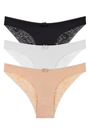 Kadın Lazer Kesim Brazilian Model Dantel Detaylı 3'lü Külot Set - Kts3106