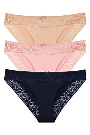 Kadın Lazer Kesim Dantelli Slip Külot 3'lü Paket Set - Kts3101