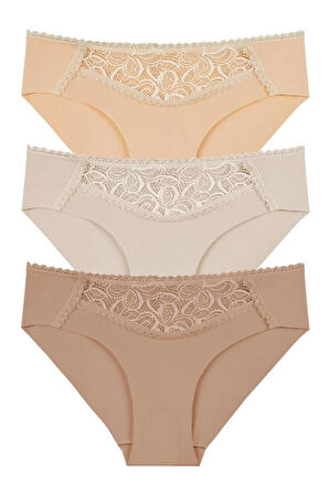 Kadın Lazer Kesim Dantel Detaylı Slip Külot 3'lü Paket Set - Kts3100