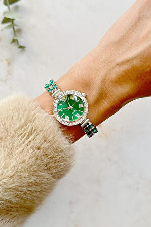 Dienna Gri Kasa Yeşil Taşlı Kadın Kol Saati