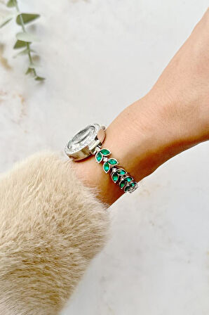 Dienna Gri Kasa Yeşil Taşlı Kadın Kol Saati