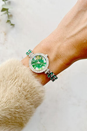 Dienna Gri Kasa Yeşil Taşlı Kadın Kol Saati