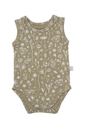 Boumini Kolsuz Bebek Çıtçıtlı Atlet Müslin Bebek Body Bahar Çiçekli Haki