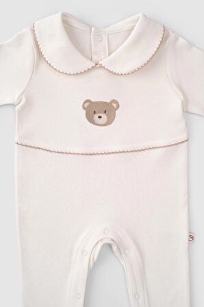 Organik Pamuk Bebe Yakalı Kendinden Eldivenli Patikli Tulum Playtime Ayıcık Nakışlı
