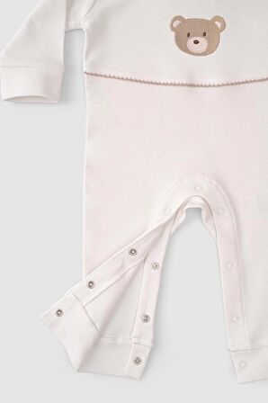 Organik Pamuk Bebe Yakalı Kendinden Eldivenli Patikli Tulum Playtime Ayıcık Nakışlı