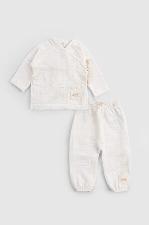 Organik Pamuk Müslin Ekru Kruvaze Bebek Takımı