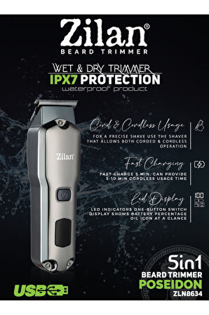 ZLN8634 5’İ 1 ARADA SAKAL TIRAŞ MAKİNESİ POSEIDON