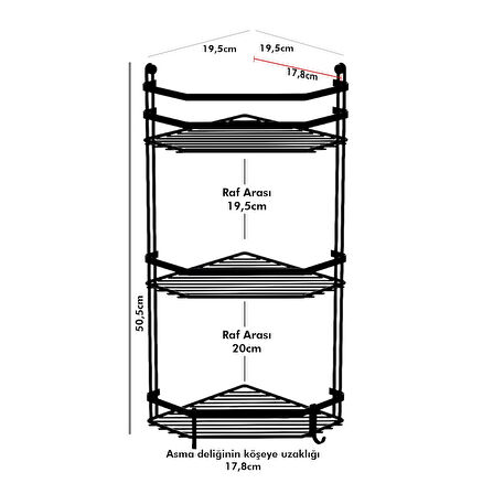 TEKNOTEL ÜÇ KATLI KANCALI BANYO KÖŞE RAFI ŞAMPUANLIK BANYO DÜZENLEYİCİMAT SİYAH  ES076H